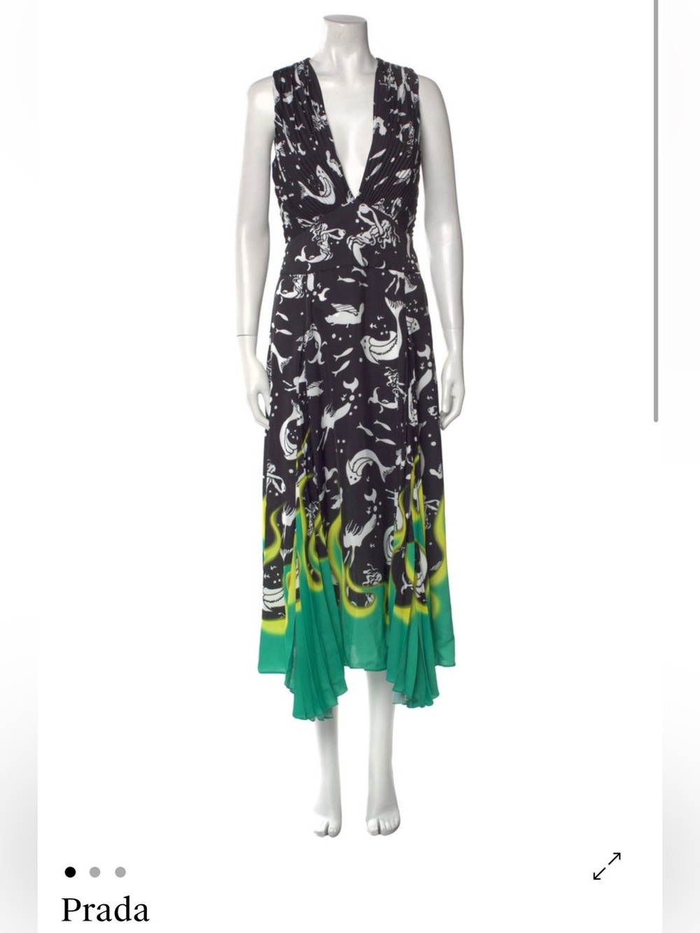 Prada Zodiac Flames Black, White & Green Printed Deep V Midi Dress